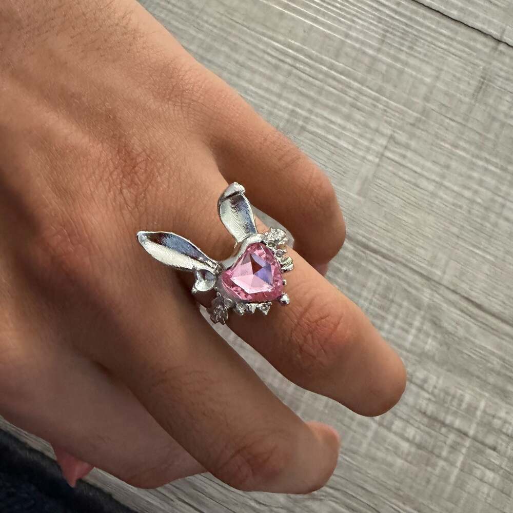 Adjustable Silver-Tone Rabbit Ear Ring with Pink Heart Crystal